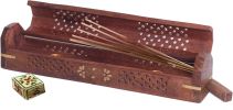 WILLART Wooden Hand Carved Coffin Incense Burner Brass Inlays & Storage Incense Holder; Stick Holder; Handmade | Ash Catcher (12 x 2 x 2 Inches)