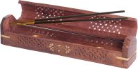 WILLART Wooden Hand Carved Coffin Incense Burner Brass Inlays & Storage Incense Holder; Stick Holder; Handmade | Ash Catcher (12 x 2 x 2 Inches)