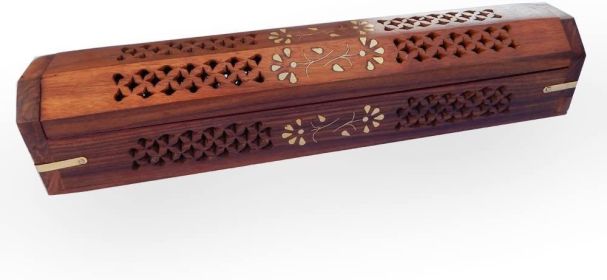 WILLART Wooden Hand Carved Coffin Incense Burner Brass Inlays & Storage Incense Holder; Stick Holder; Handmade | Ash Catcher (12 x 2 x 2 Inches)