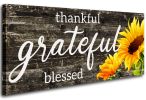 Thankful Grateful Blessed Wall Decor Rustic Wood Sign Vintage Sunflower Framed Artwork Painting for Bedroom Farmhouse Home Decoration 16"X40"